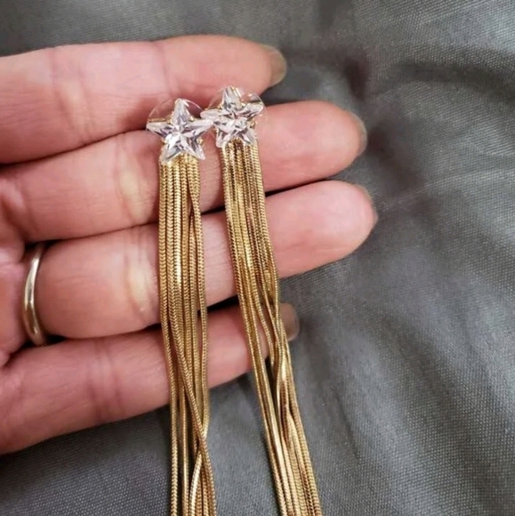 💖 2/$30 Shooting Star rhinestone boho stud long gold tone tassel drop earrings - Picture 6 of 17